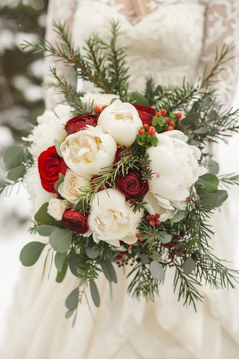 Channel the serene elegance of winter in your wedding bouquets, incorporating deep and rich hues. Click to explore more ideas. Christmas Themed Wedding Bouquet, Peony Winter Wedding Bouquet, January Wedding Bouquet Winter Flowers, Winter Bride Flowers, Christmas Bridal Bouquet Cascading, Bride Bouquets Winter, Simple Winter Bouquet, Winter Floral Arrangements Wedding, Christmas Wedding Elegant