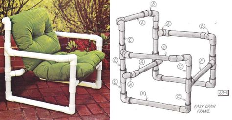 PVC pipe and an avocado colored cushion? Instant outdoor furniture, or so this campy 1970s furniture manual, Easy-to-Make Furniture,from the editors of Sunset Magazine, would have you believe. Pvc Patio Furniture, Pvc Chair, Pvc Furniture, Pvc Pipe Crafts, Pvc Pipe Projects, Bedroom Furniture Makeover, Pvc Projects, Dutch Furniture, Vintage Industrial Furniture