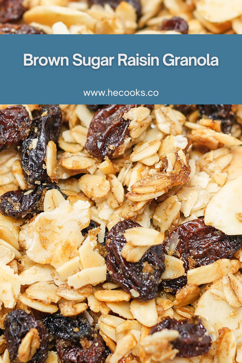 Brown Sugar Raisin Granola is a delicious homemade treat featuring rolled oats, crunchy almond slices, sweet raisins, and a rich brown sugar and cinnamon blend, perfect for breakfast or snacking. Raisin Granola, Wholesome Snacks, Cinnamon Almonds, Cinnamon Raisin, Oatmeal Raisin, Granola Recipes, Homemade Granola, Homemade Treats, Granola Bars