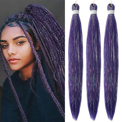 Amazon.com : Savasana Dark Purple with Tinsel Pre stretched Braiding Hair, 26 Inches Kanekalon Box Braids Hair Extensions, 3 Packs Yaki Texture Braiding Hair Pre stretched : Beauty & Personal Care Pre Stretched Braiding Hair, Braids Hair, Braid In Hair Extensions, Braiding Hair, Box Braids Hairstyles, Box Braids, Dark Purple, Hair Extensions, Braided Hairstyles