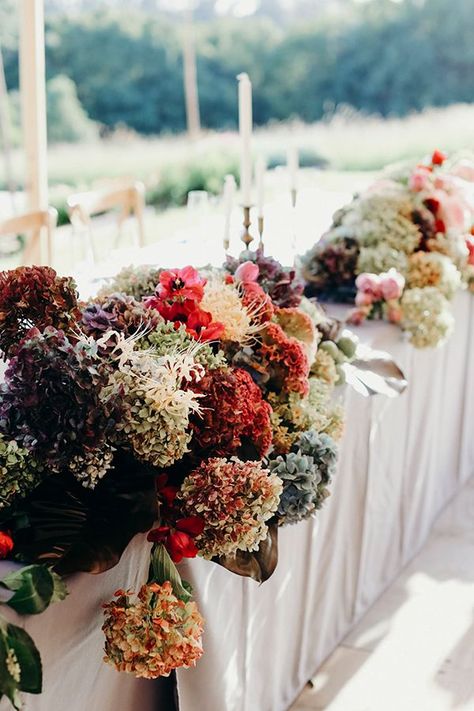 Antinqued Fall Floral Garland // fall wedding, head table, centerpiece, candlesticks Harvest Flowers, Burgundy Weddings, Choose Wedding Dress, Whimsy Wedding, Head Table Wedding Decorations, Burgundy Wedding Centerpieces, Wedding Head Table, Nantucket Wedding, Romantic Rustic Wedding