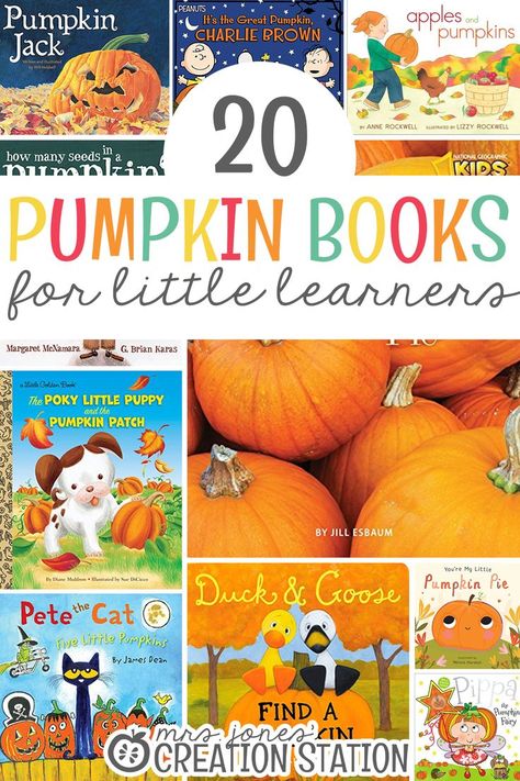 Teaching our little learners about pumpkins is such a fun unit to get to explore this time of year! They’ll love learning about pumpkins and how they grow! There are so many fun ways to go through this unit and watch them learn. It’s even more fun as you read through these 20 pumpkin books. #reading #pumpkinbooks #pumpkin #themedunit #unitstudy #booksforkids #mrsjonescreationstation Fall Books Preschool, Reading Pumpkin, Pumpkin Lessons, Halloween Teaching, Pumpkin Unit, Pumpkin Books, Mrs Jones, Pumpkin Activities, Creation Station