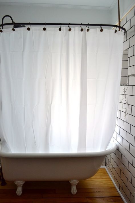 Update: Clawfoot Tub Shower Curtain Liner Idea — The White Apartment Diy Clawfoot Tub, Clawfoot Shower Curtain, Shower Curtains For Clawfoot Tubs, Clawfoot Tub Shower Combo, Tub Shower Curtain, Clawfoot Tub Shower Curtain, Black Clawfoot Tub, Clawfoot Tub Bathroom, Clawfoot Tub Shower