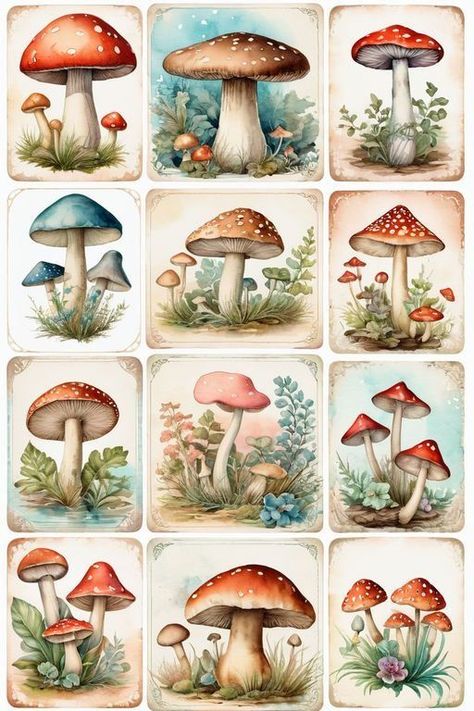 Mushroom Stickers, Mushroom Crafts, Free Vintage Printables, Scrapbook Printing, Scrapbook Stickers Printable, Vintage Junk Journal, Mushroom Art, Clipart Design, Scrapbook Journal