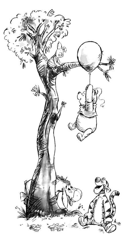 Winnie The Pooh Tree Tattoo, Winnie The Pooh Pencil Drawing, Pooh Bear Sketch, Winnie The Pooh Line Drawing, Winnie The Pooh Tattoo Sleeve, Black And White Winnie The Pooh, Tattoo Ideas Winnie The Pooh, Winnie The Pooh Line Art, Winnie The Pooh Characters Tattoo