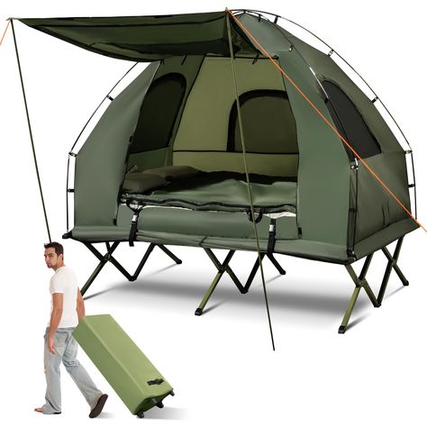 PRICES MAY VARY. ⛺【5-In-1 Camping Tent Combo】The 5-in-1 camping tent cot is a complete set for sleeping out, including a tent, a camping cot, 2 sleeping bags, an air mattress and 2 air pillows(with cover), which can be combined for hiking, backpacking or camping. Or you can separately use them for personal needs! ⛺【All Weather Comfort】Made of 190T polyester, the camping tent is drizzle-proof. Besides, 4 double-layer mesh windows promote air flow for great ventilation. And the large door can be c Camping Setup Ideas, Tents Camping Glamping, Tent Cot, Tent Camping Hacks, Camping Diy, 2 Person Tent, Camping Set Up, Large Door, Camping Cot