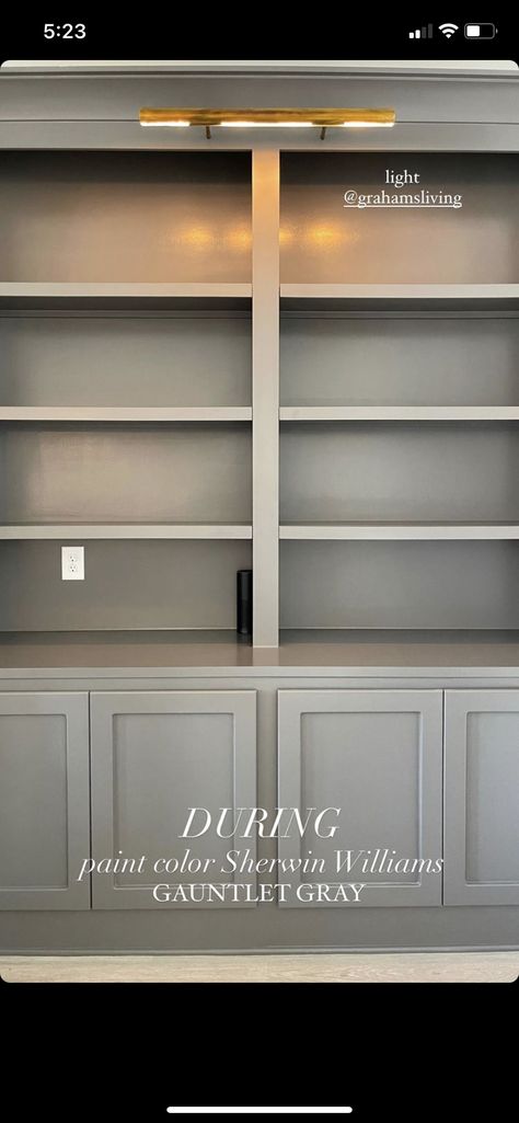 Built In Bookshelves Paint Color, Gray Built Ins, Barn Fireplace, Bar Bookshelf, Grey Bookshelves, Painted Built Ins, School Portfolio, Blue Bookcase, Painting Bookcase