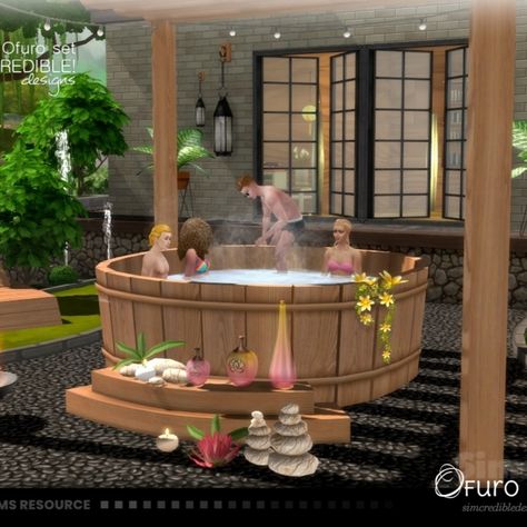 How great is to relax with your friends outdoors, right? We created this Ofuro set thinking about a Spa at home. You'll get a lounger, gazebos, plants, lotions, candles, pebbles and more items to help your sims in this tranquility vibe. But the most important piece is the ofuro / hottub / jacuzzi itself.
If you enjoyed the Naturalis series, this set's woods match with Naturalis collection. Hope you enjoy ^^ by SIMcredibledesigns.com

available at TSR :) Sims Interior, Friends Outdoors, Spa At Home, Gazebo Pergola, Floating Flowers, Sims 1, Maxis Match, Sims 4 Mods, Sims Resource