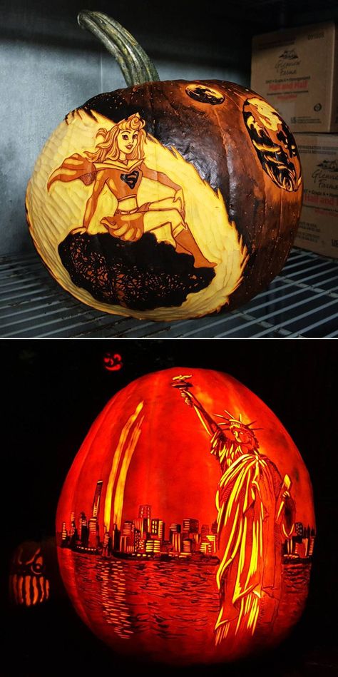 Chicago-based professional artist and pumpkin carver Edward Cabral'sbewitching pumpkin creations are so good that it’ll certainly put yours to shame.  #Halloween #pumpkincarving #jackolantern #happyhalloween Pumpkin Creations, Pumpkin Carving Art, Pumpkin Inspiration, Spooky Halloween Crafts, Backyard Decorations, Pumpkin Carver, Pumpkin Carving Designs, Tall Pumpkin Carving, Tall Pumpkin