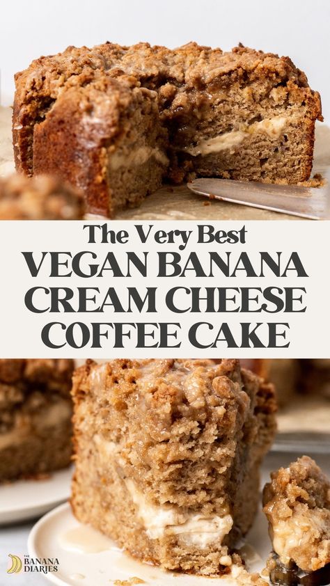 This deliciously moist and tender banana coffee cake is layered with a creamy brown sugar dairy free cream cheese filling and roasted banana. This banana crumb cake is soft, perfectly sweet, fluffy, and naturally vegan thanks to using just banana as the eggs (and swapping in non-dairy alternatives!). Like cheesecake, banana bread, and coffee cake in one, and so easy, you don’t even need eggs nor dairy! Cheesecake Banana Bread, Banana Cream Cheese, Bread And Coffee, Banana Coffee Cake, Cheesecake Banana, Cheese Coffee Cake, Banana Coffee Cakes, Cream Cheese Coffee Cake, Dairy Free Cream Cheese