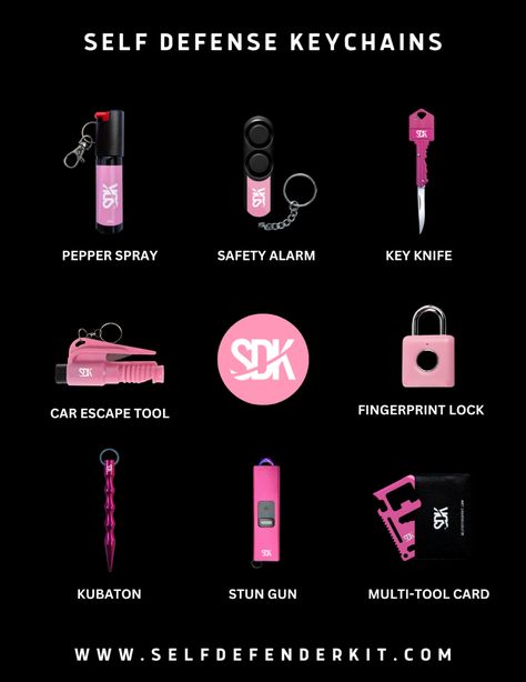 Self defense tools Safety Keychain Self Defense Pink, Womens Survival Kit Ideas, Protective Keychain For Women, Spy Tools Gadgets, Women Defense Keychains, Defense Keychain Ideas, Safety Key Chain, Safety Kit For Women, Cute Self Defense Keychain