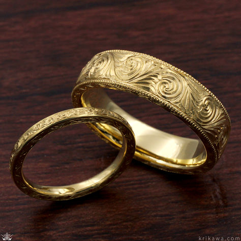 A vintage-inspired wedding band featuring ornate and delicate hand-carved swirls. Perfected by our master jewelers, filagree accents circle the band. A ring fit for royalty!

Shown in 14k yellow gold. Embossed Engagement Ring, Carved Gold Ring, Engagement Ring Engraved Band, Gold Engraved Ring, Engraved Gold Wedding Band, Vintage Engraved Wedding Rings, Lace Wedding Ring, Vintage Mexican Wedding, Vintage Inspired Wedding Band