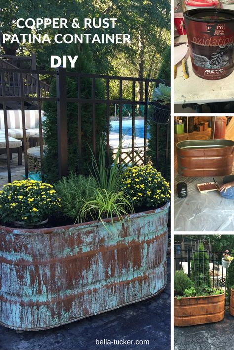 Copper Patina and Rust Container Gardens - Bella Tucker Decorative Finishes Stock Tank Gardening, Gemüseanbau In Kübeln, Diy Container Gardening, Southern Living Plants, Rust Patina, Trough Planters, Container Gardening Vegetables, Garden Containers, Container Gardens