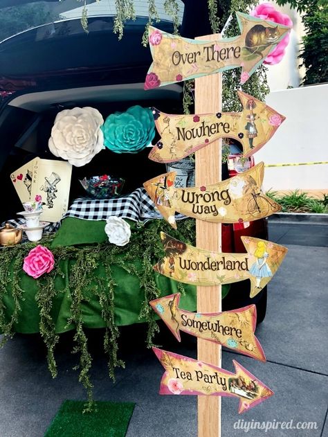 3 Awesome Trunk or Treat Ideas Alice In Wonderland Golf Cart, Cardboard Party Decorations, Wonderland Trunk Or Treat, 1st Birthday Onederland, Alice In Wonderland 1st Birthday, Trunker Treat Ideas, Trunk Or Treat Ideas, Alice In Wonderland Decorations, Alice In Wonderland Tea Party Birthday