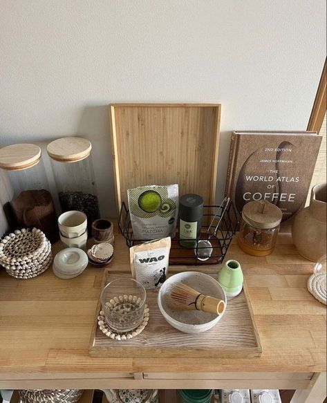 Matcha Station Ideas, Matcha Corner Home, Matcha Station Aesthetic, Matcha Bar At Home, Matcha Station At Home, Matcha Corner, Acne Appreciation, Tea Station Ideas, Tea Corner Ideas