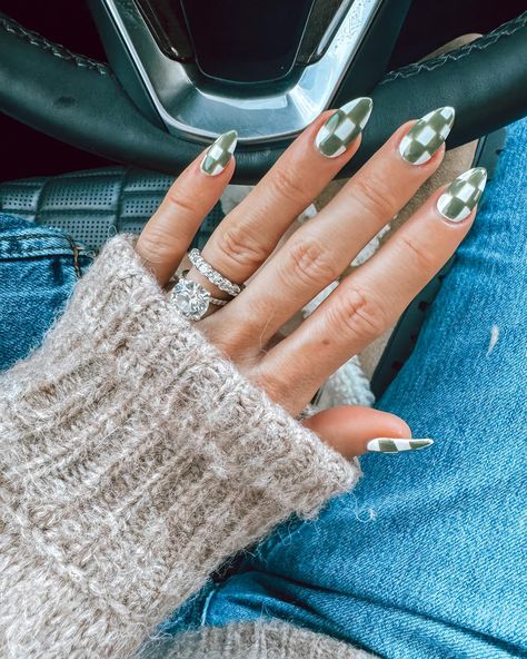 🍀💚 St Patties Nails 💚🍀 Color is “safari” over just a white base coat. Wanted a subtle/muted green to give “spring vibes” too! Love how they turned out! Tag me if ya do it 🫶🏼 🔍: nail inspo, St Patrick’s day nails, nail day, green nails March Nails Lucky Charms, Nails Inspo For March, Alternative St Patrick’s Day Nails, Aesthetic St Patricks Day Nails, Muted Spring Nails, St Pattys Day Nails Almond Shape, Nude St Patricks Day Nails, Green And White Checkered Nails, White St Patricks Day Nails