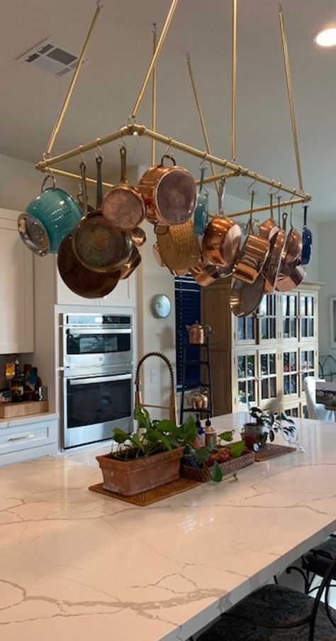 Saucepan Hanging Rack, Hanging Pot Holder Kitchen, Kitchen Pan Hanger, Pots And Pans Ceiling Rack, Hanging Pots And Pans From Ceiling, Overhead Pot And Pan Storage, Ceiling Pot Rack Ideas, Hanging Rack Kitchen, Hang Pots And Pans From Ceiling