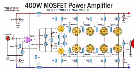 400W MOSFET Power Amplifier Circuit Diagram using IRFP9240 & IRFP240 Mosfet Amplifier Circuit, Power Amplifier Circuit Diagram, Amplifier Circuit Diagram, Jesus Love Images, Circuit Board Design, Diy Amplifier, Electronic Schematics, Electronic Circuit Projects, Electronic Circuit