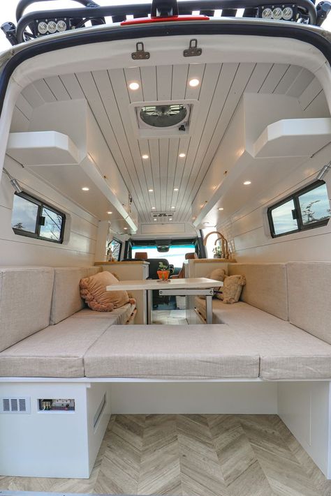 Day Van Interior Ideas, Camper Van Conversion Diy Uk, Van Conversion Walls, Vans Travel, Can Conversion, Dinette Bed, Campervan Design, Caravan Conversion, Rv Interior Remodel