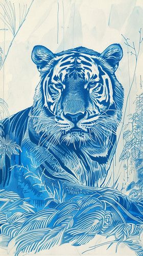 Flying Bulldog Art -Blue Serenity: A Regal Tiger in Chinese Woodcut Style Tiger Flying, Big Cats Art, Bulldog Art, Blue Tiger, Digital Art Gallery, Blue Tigers, Powerful Art, Save Animals, Big Cat