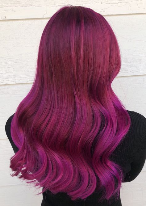 Fuchsia Hair Color, Fuschia Hair, Blue Mermaid Hair, Fuchsia Hair, Warm Hair Color, Peekaboo Hair, Wavy Haircuts, Head Color, Brunette To Blonde