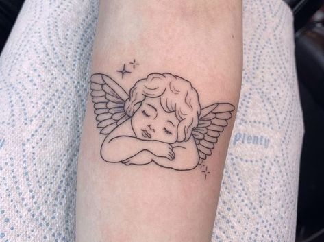 Small Angel Tattoo, Cupid Tattoo, Cherub Tattoo, Saved Tattoo, Angel Tattoo Designs, B Tattoo, Line Work Tattoo, Girly Tattoos, Wings Tattoo