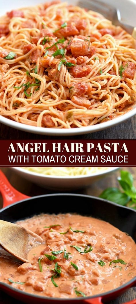 Angel Hair Pasta with Tomato Cream Sauce loaded with chunky tomatoes, velvety mascarpone, and fresh basil is the ultimate comfort food. Easy to make and ready in minutes, it's perfect for weeknight dinners! Pasta With Tomato Cream Sauce, Tomato Cream Sauce Pasta, Basil Spaghetti, Seared Salmon Recipes, Tomato Cream Sauce, Angel Hair Pasta, Comfort Food Southern, Comfort Food Recipes Dinners, Food Easy