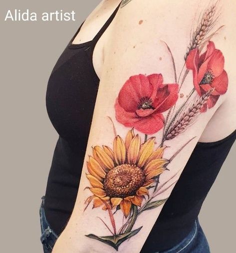 Watercolor Half Sleeve Tattoo, Poppy Flower Tattoo Leg, Ukrainian Floral Tattoo, Poppy Flower And Butterfly Tattoo, Ukrainian Flowers Tattoo, Sunflower And Poppy Tattoo, Rose And Poppy Tattoo, Bouquet Tattoo Color, Poppy Tattoo Sleeve