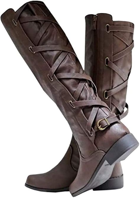 AmazonSmile | Womens Lace Up Knee High Boots Motorcycle Riding Flat Low Heels Strappy Winter Boots | Knee-High Leather Boots Knee High, Casual Leather Boots, Knee High Cowboy Boots, Knight Boots, Boots Knee High, Low Heel Boots, Low Heel Shoes, Boots Winter, Leather Boots Women