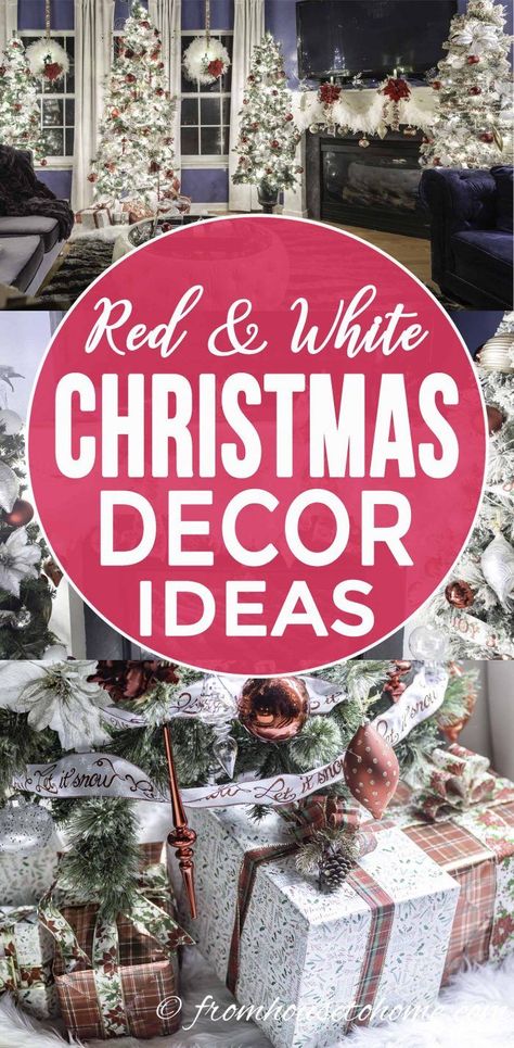 I love this beautiful red, white and gold Christmas decor color scheme. It's so beautiful and feels very festive for the holidays #fromhousetohome #christmas #christmasdecoratingideas #christmastree  #housedecoronabudget Gold Christmas Home Decor, White Christmas Decorating Ideas, Feather Garland, Red And Gold Christmas, Red Gold Christmas, Glam Christmas Decor, Red And Gold Christmas Tree, Christmas Home Decor Ideas, Decor Color Schemes