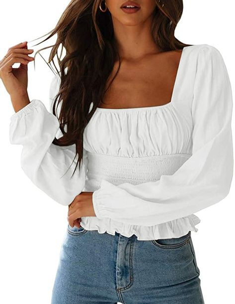 Shirred Blouse, Ruffle Hem Blouse, Peplum Crop Top, Ladies Tops Blouses, Square Neck Long Sleeve, Smock Blouse, Blouse Tops, Cropped Tops, Crop Top Blouse