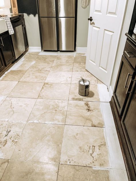 DIY Painted Tile Floor - Diy Painted Tile Floor, Painted Tile Floor, Bought My First House, Tile Baseboard, Beige Floor Tile, Travertine Floor Tile, My First House, Natural Stone Tile Floor, Tile Paint