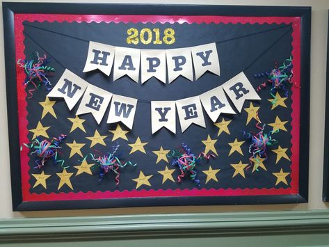 New Year Classroom Decorations, New Year Soft Board Decoration, New Year Chart Ideas, New Year Chart For School, New Year Notice Board Decoration, New Years Eve Bulletin Board Ideas, Happy New Year Board Decoration, New Year Board, New Years Bulletin Board Ideas 2024