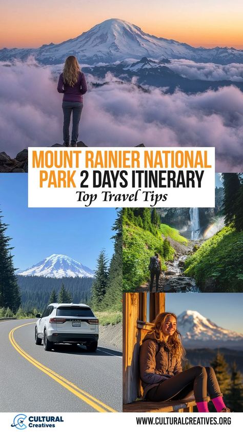 A collage of scenic moments from Mount Rainier National Park 2 Days Itinerary, featuring a hiker overlooking the mountain, a waterfall hike, a scenic drive, and a traveler resting with mountain views. Mount Rainier National Park Itinerary, My Rainier National Park, Washington Trip, Camping Under The Stars, National Park Itinerary, Washington State Travel, Seattle Trip, Mt Rainier National Park, Washington Travel