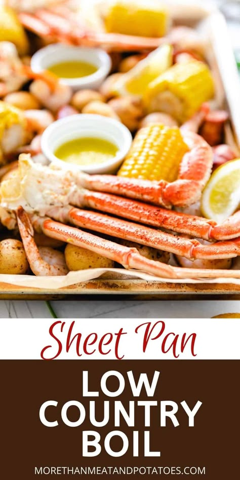 Our Sheet Pan Low Country Boil features all of your favorite ingredients like snow crab legs, andouille sausage, and plenty of shrimp. Sheet Pan Low Country Boil, Crab Leg Dinner Sides Meals, Sides For Crab Legs Dinners, Seafood Sheet Pan, Turkey Taco Skillet, Low Country Boil Recipe, Low Boil, Chili Pork, Shrimp Coconut