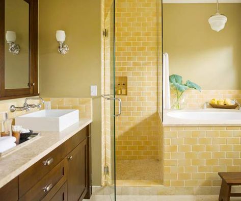 Yellow Bathroom Decorating & Design Ideas Yellow Tile Bathroom, Vintage Yellow Bathroom, Yellow Bathroom Tiles, Yellow Bathroom Walls, Yellow Bathroom Decor, New Classic Furniture, Yellow Bathroom, Bathroom Color Schemes, Yellow Tile