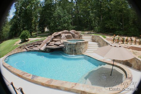 Johnson Pools - Slide and Sun Shelf with Umbrella | by Johnson Pools Pool With Slide, Sun Shelf, Hot Tub Landscaping, Pool Remodel, Small Pool Design, Pool Slide, Ground Pools, Backyard Pool Landscaping, Small Pools