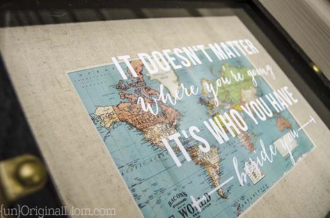 Travel Quote shadow box gift - perfect for a travel themed bridal shower! Map Shadow Box Ideas, Travel Theme Bridal Shower, Shadow Box Gifts, Art Shadow, Travel Art Kit, Map Crafts, Diy Pencil, Themed Bridal Shower, Travel Box