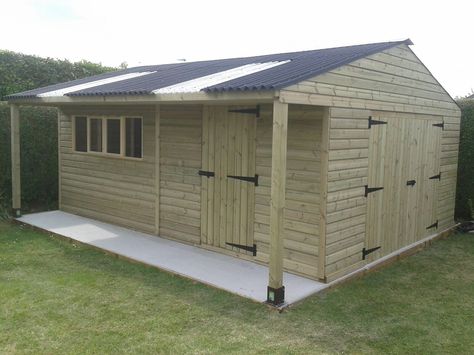 Bespoke sheds, made simple   Garage workshop with canopy overhang   16.8ft wide x 24ft long   14ft x 24ft internal Www.theshedbox.co.uk Fb @shedbox Wood Boiler Shed, Large Shed Ideas, Garden Workshop Ideas, Workshop Building, Shed Workshop, Timber Garage, Wooden Workshops, Garden Workshop, Workshop Shed