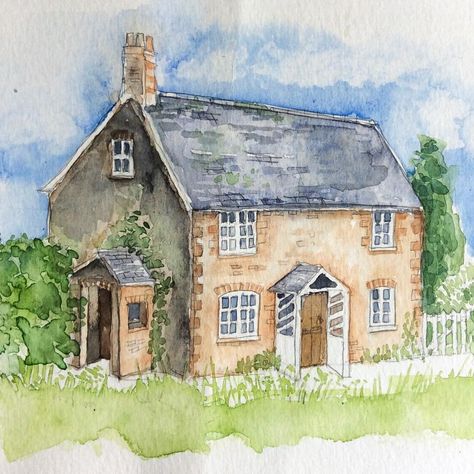 Watercolour Cottage, Cottage Sketch, Cat Inspiration, Sick Drawings, Cottage Woods, Cottage Painting, Pen And Wash, Wooden Cottage, Brush Art