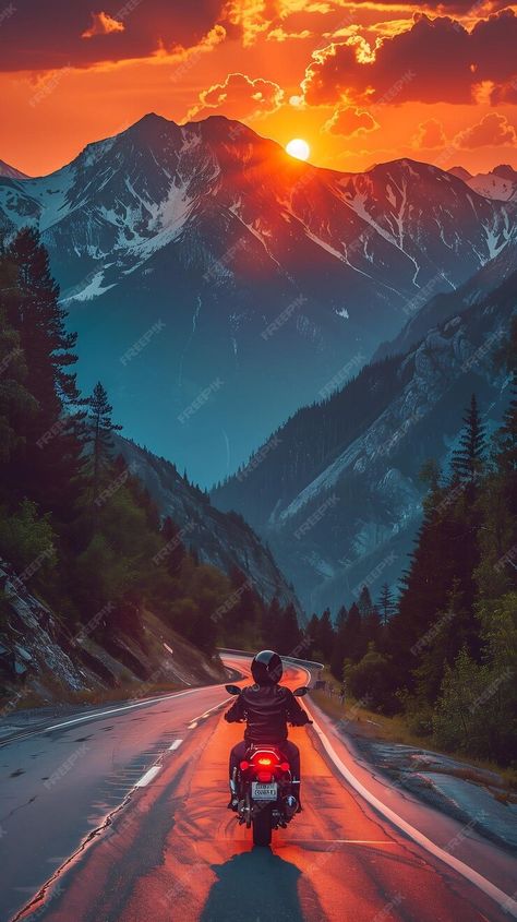 Motorcyclist rides a highway bike among the sunset mountains | Premium AI-generated image Sunset Mountains, Adventure Bike, Best Camera, The Sunset, Phone Backgrounds, Mountain View, Mountain Bike, Graphic Resources, Vision Board