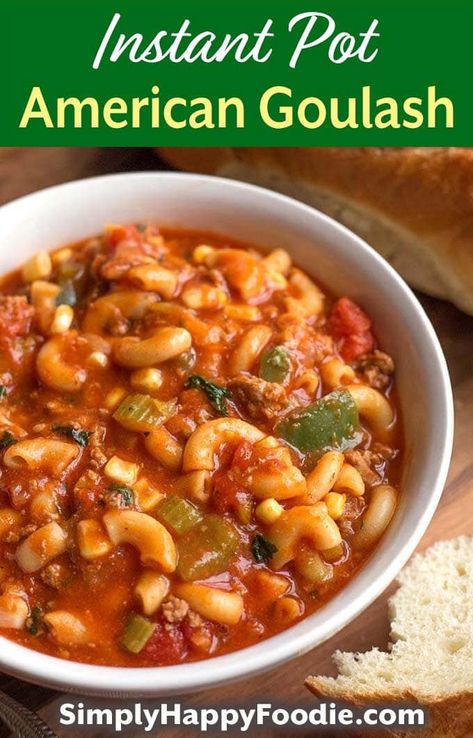 Instant Pot American Goulash is a classic retro meal many of us grew up with. Pasta, ground beef, and tomato sauce are key ingredients in this delicious pressure cooker American Goulash! An Instant Pot one-pot meal. simplyhappyfoodie.com #instantpotrecipes #instantpotgoulash #pressurecookergoulash Pressure Cooker Goulash Recipe, Pasta Ground Beef, Simply Happy Foodie, Instant Pots, Hamburger Recipe, American Goulash, Instant Food, Goulash Recipe, Beef Goulash