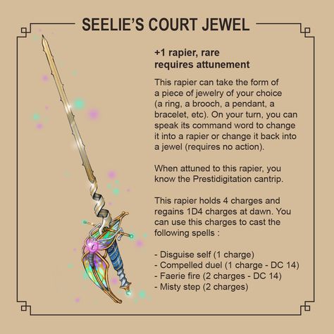 Dnd Magic Jewelry, Dnd Rapier Item, Fantasy Items Art, Homebrew Items, Dnd Things, Nebelung, Dnd Items, Magical Items, Dungeon Master's Guide