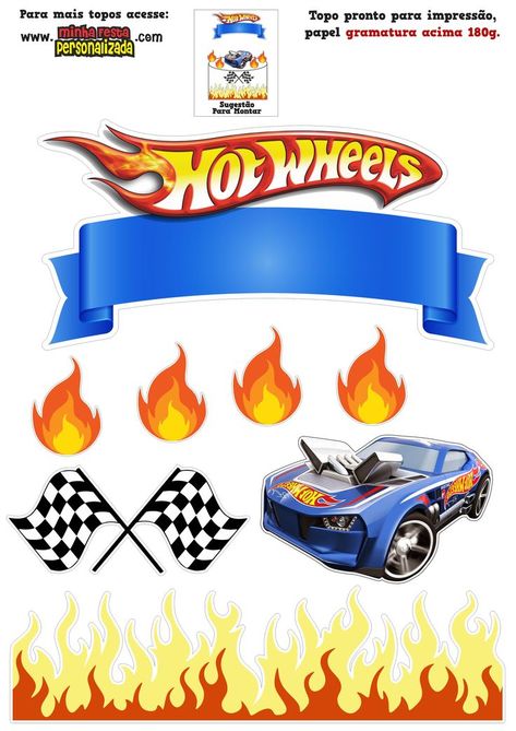 Hot Wheels Cake Topper Printable Free, Hot Wheel Printables, Hot Wheels Cupcakes, Hot Wheels Themed Birthday Party, Bolo Hot Wheels, Blaze Birthday Party, Monster Jam Party, Hot Wheels Cake, Blaze Birthday