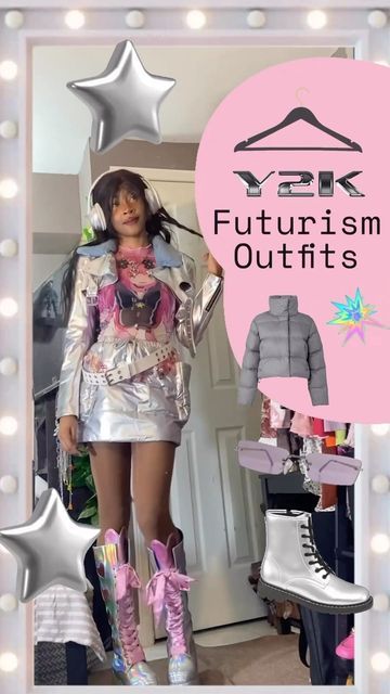 2000s Futurism Fashion, Cyberpunk Y2k Outfit, Y2k Futurism Fashion, Retro Futurism Outfit, Futuristic Y2k Fashion, Futurism Outfit, 90s Cyberpunk, Black Alternative Girl, Y2k Futurism