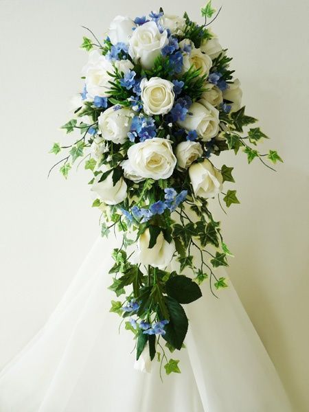 White Roses And Forget Me Nots, Bouquet Forget Me Not, Forget Me Not Flower Arrangements, Blue And White Cascading Bridal Bouquet, Forget Me Not Bouquet Wedding, Forget Me Not Bouquet, Cascading Bouquet, Champagne Flowers, Cascading Wedding Bouquets