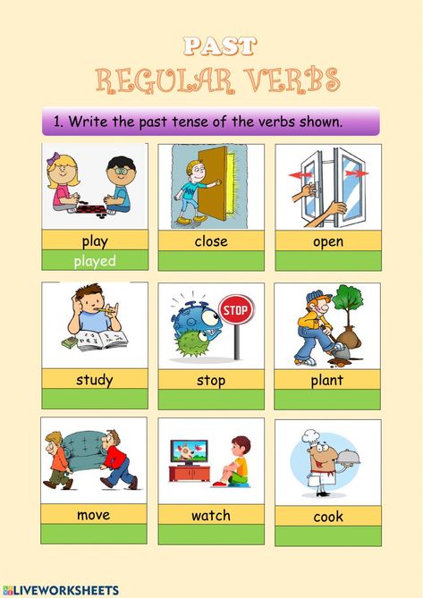 Past tenses online worksheet for Primary. You can do the exercises online or download the worksheet as pdf. Regular Past Tense Verbs, Past Tenses, Verbs For Kids, Past Tense Worksheet, Verb Chart, Verb Practice, Verbs Activities, Regular And Irregular Verbs, Simple Present Tense