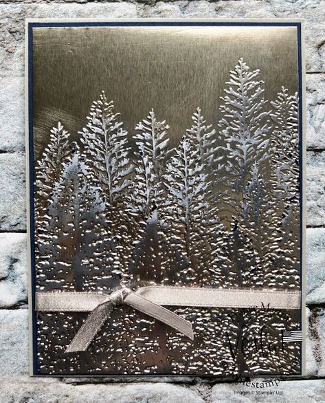 Tree Embossing Folder Cards, Embossed Foil Cards, Embossing Folder Christmas Cards, Embossing Folder Cards, Embossing Foil, Foiling Techniques, Foiled Cards, 3d Tree, Evergreen Forest