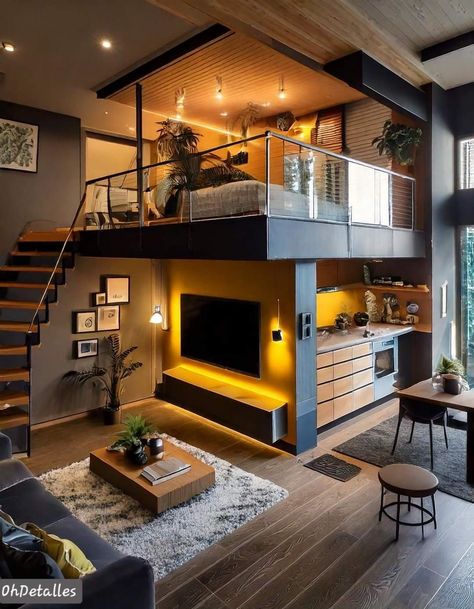 Small Studio Apartment Decorating, Loft House Design, Small Tiny House, Loft Interior Design, Tiny House Loft, House Floor Design, Small Apartment Design, Tiny House Floor Plans, Loft House