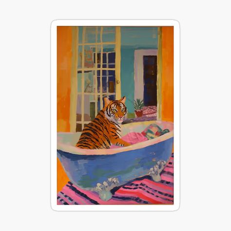 "Tigress In Bathtub" Poster for Sale by justinbryans | Redbubble Kitsch Bathroom, Modern Retro Decor, Animal Bathroom, Tiger Canvas, Poster Funny, Bathroom Aesthetic, Aesthetic Poster, Ink Artwork, Style Deco